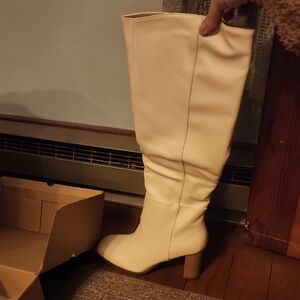 Women’s Knee-High Cream Block Heel Boots